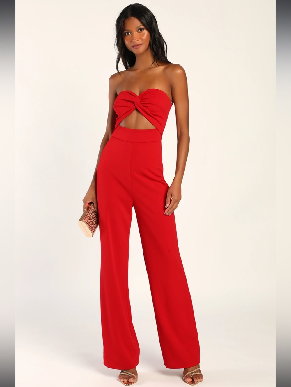 Lulu's All That She Wants Red Wide Leg Sweetheart Strapless Jumpsuit Formal Sz M